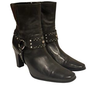 Harley Davidson Julia harness black leather high heeled ankle moto boots size 8